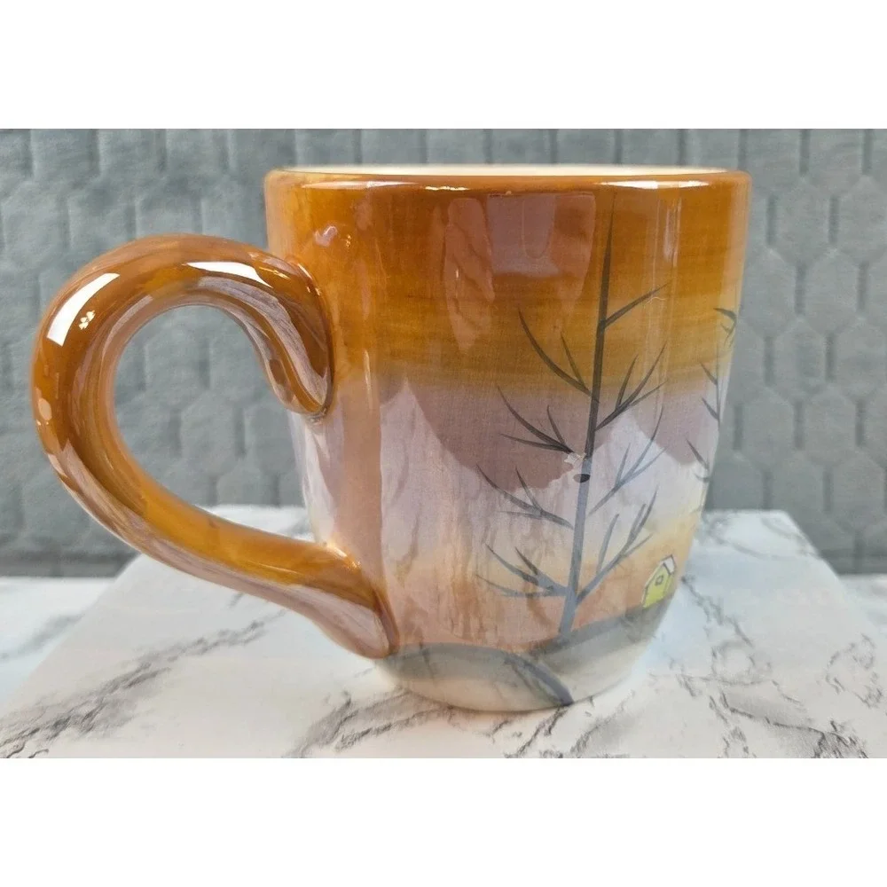 Trisa Luster Glaze Coffee Cups Winter Scene House Trees and Snowmn Stoneware Set